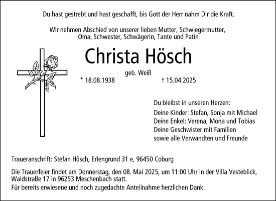Traueranzeige von Christa Hösch von Neue Presse Coburg