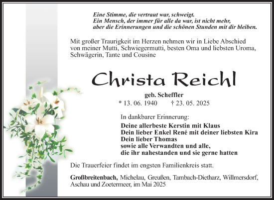 Traueranzeige von Christa Reichl von Südthüringer Presse