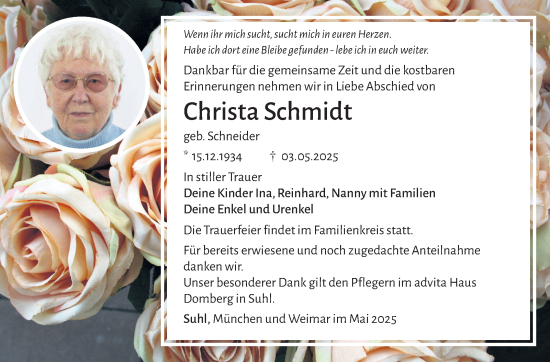 Traueranzeige von Christa Schmidt von Südthüringer Presse