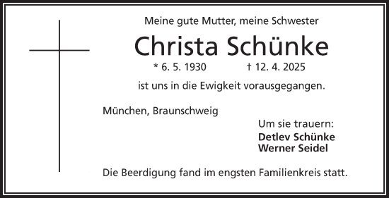 Traueranzeige von Christa Schünke von Frankenpost