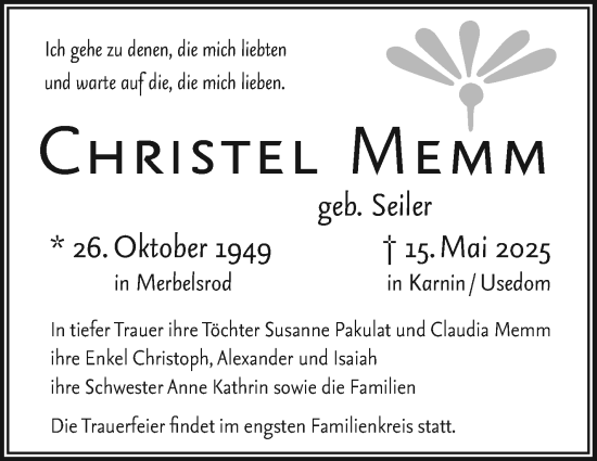 Traueranzeige von Christel Memm von Südthüringer Presse