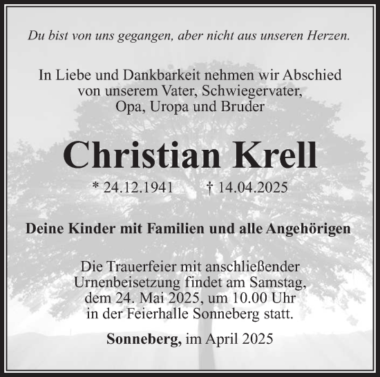 Traueranzeige von Christian Krell von Südthüringer Presse