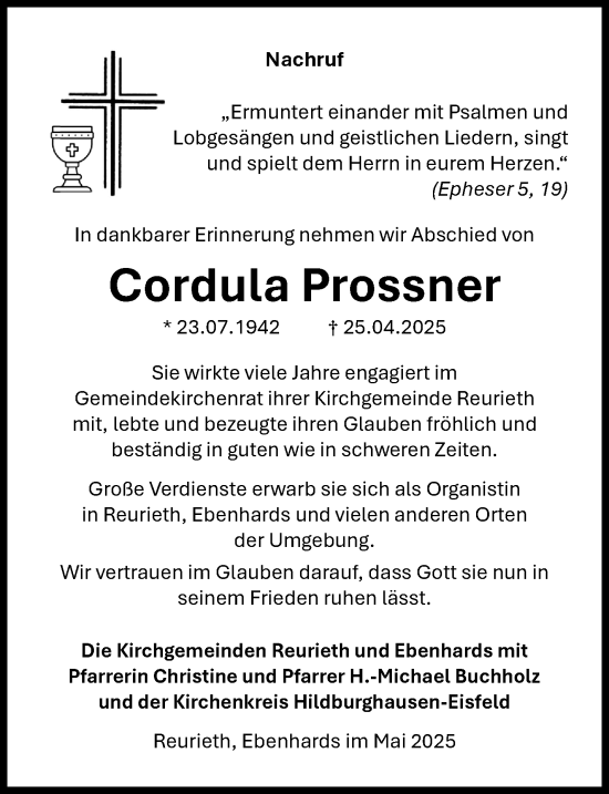 Traueranzeige von Cordula Prossner von Südthüringer Presse