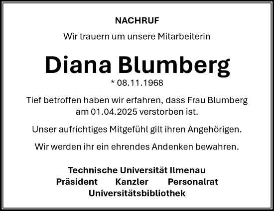 Traueranzeige von Diana Blumberg von Südthüringer Presse