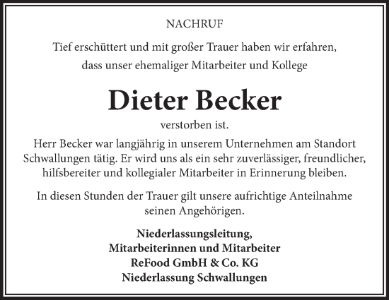 Traueranzeige von Dieter Becker von Südthüringer Presse