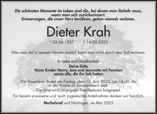 Traueranzeige von Dieter Krah von Südthüringer Presse