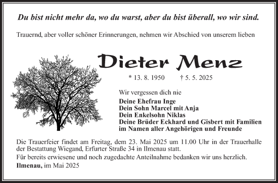 Traueranzeige von Dieter Menz von Südthüringer Presse