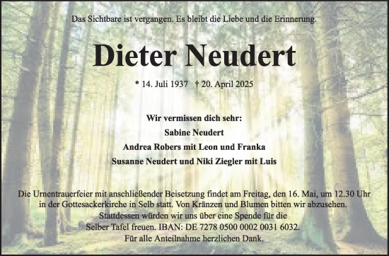 Traueranzeige von Dieter Neudert von Frankenpost