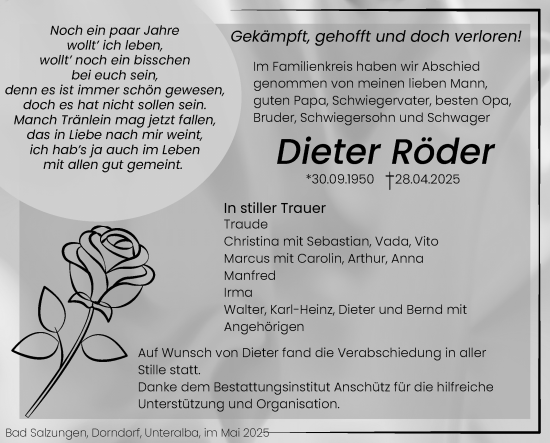 Traueranzeige von Dieter Röder von Südthüringer Presse