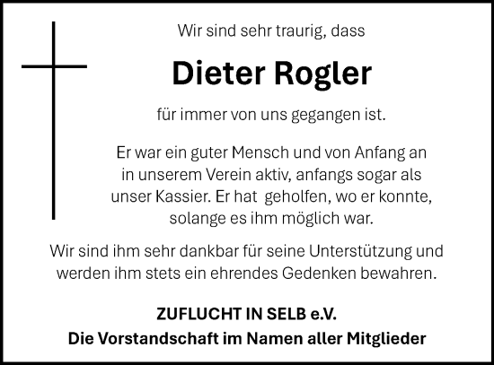Traueranzeige von Dieter Rogler von Frankenpost