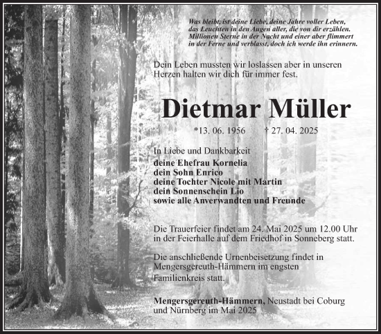 Traueranzeige von Dietmar Müller von Südthüringer Presse