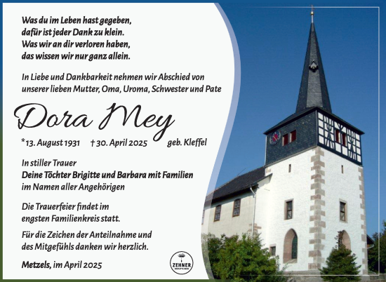 Traueranzeige von Dora Mey von Südthüringer Presse