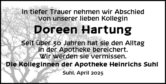 Traueranzeige von Doreen Hartung von Südthüringer Presse