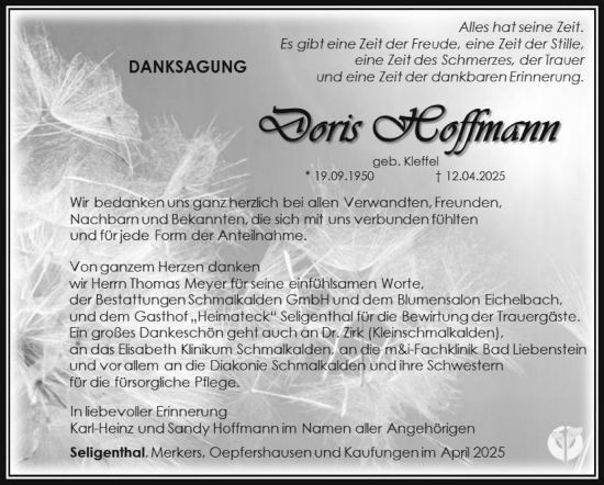Traueranzeige von Doris Hoffmann von Südthüringer Presse
