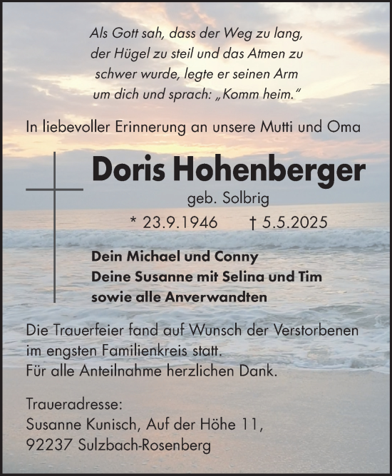 Traueranzeige von Doris Hohenberger von Frankenpost