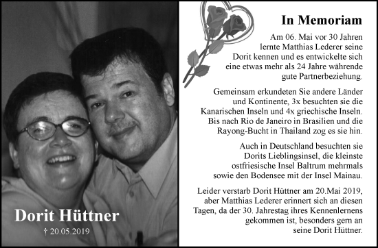 Traueranzeige von Dorit Hüttner von Südthüringer Presse