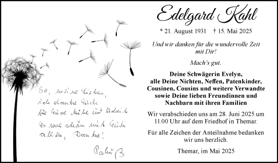 Traueranzeige von Edelgard Kahl von Südthüringer Presse