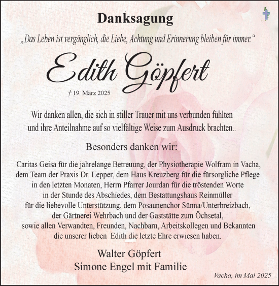 Traueranzeige von Edith Göpfert von Südthüringer Presse