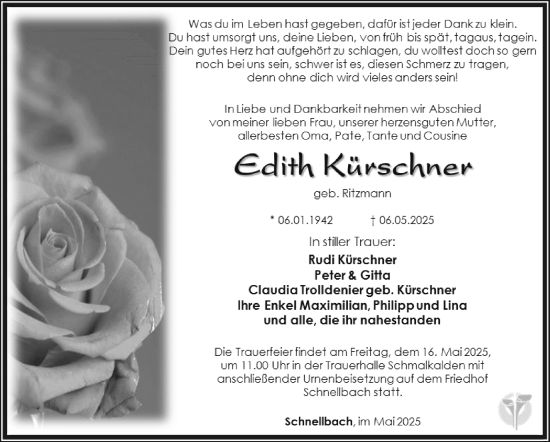 Traueranzeige von Edith Kürschner von Südthüringer Presse