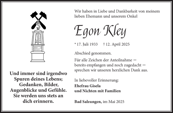 Traueranzeige von Egon Kley von Südthüringer Presse