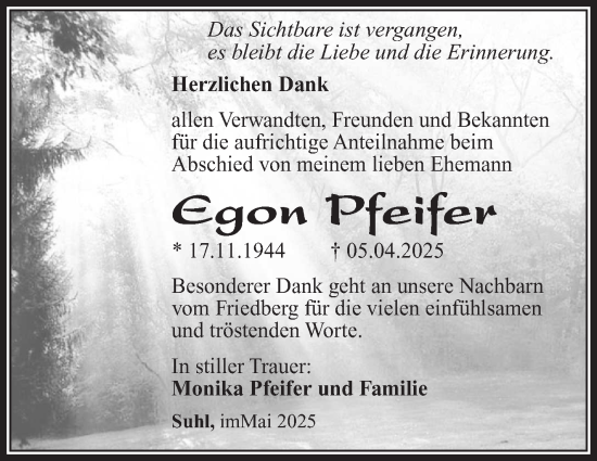 Traueranzeige von Egon Pfeifer von Südthüringer Presse