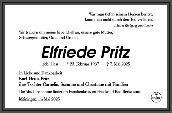 Traueranzeige von Elfriede Pritz von Südthüringer Presse