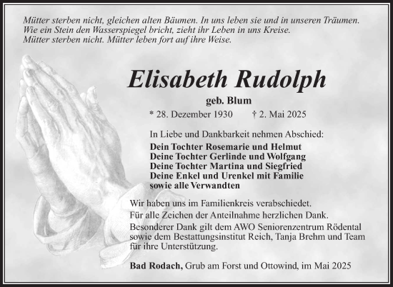 Traueranzeige von Elisabeth Rudolph von Neue Presse Coburg