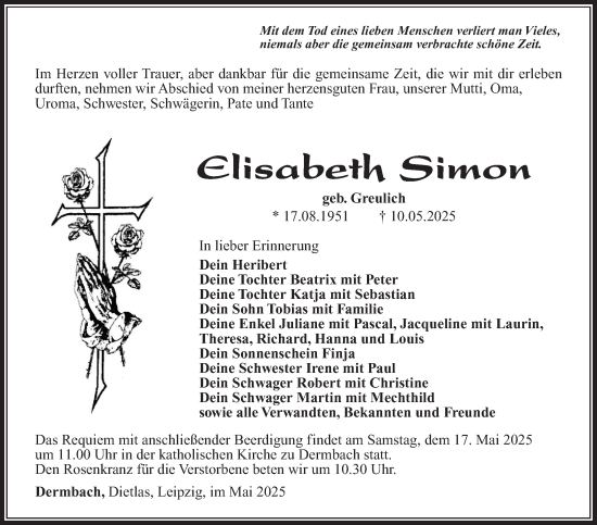 Traueranzeige von Elisabeth Simon von Südthüringer Presse