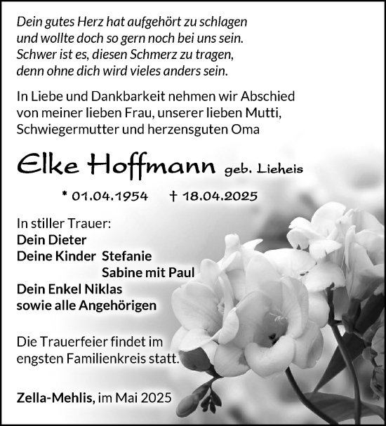 Traueranzeige von Elke Hoffmann von Südthüringer Presse