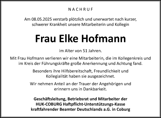 Traueranzeige von Elke Hofmann von Neue Presse Coburg