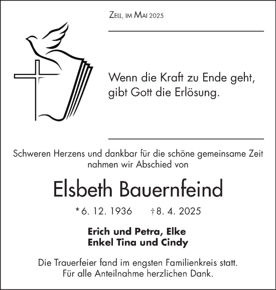 Traueranzeige von Elsbeth Bauernfeind von Frankenpost