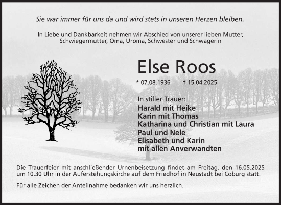 Traueranzeige von Else Roos von Neue Presse Coburg