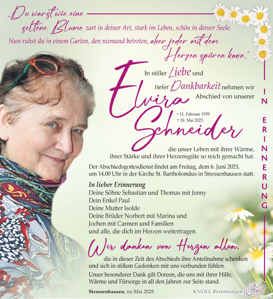 Traueranzeige von Elvira Schneider von Südthüringer Presse