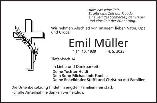 Traueranzeige von Emil Müller von Frankenpost