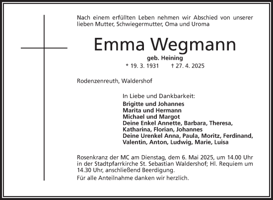Traueranzeige von Emma Wegmann von Frankenpost