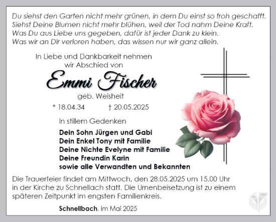Traueranzeige von Emmi Fischer von Südthüringer Presse
