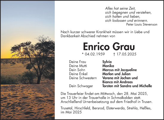 Traueranzeige von Enrico Grau von Südthüringer Presse