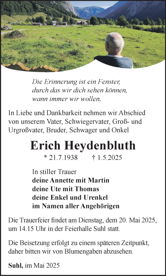 Traueranzeige von Erich Heydenbluth von Südthüringer Presse