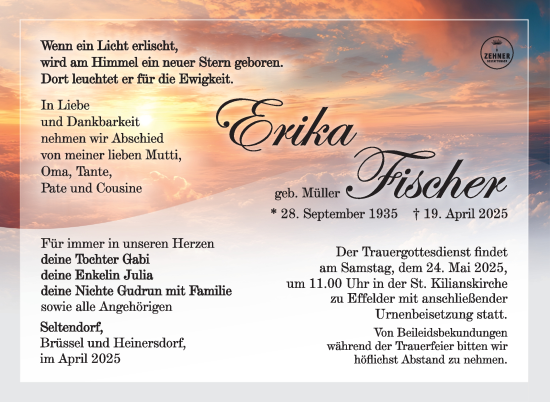 Traueranzeige von Erika Fischer von Südthüringer Presse