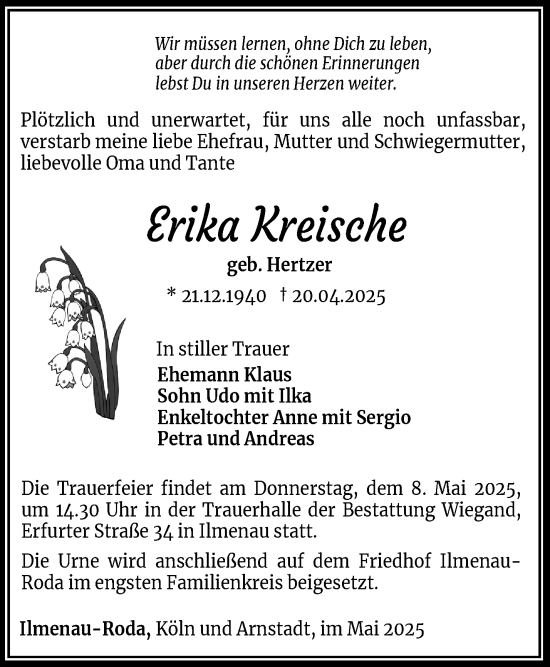 Traueranzeige von Erika Kreische von Südthüringer Presse