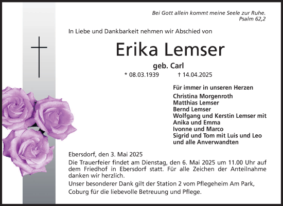 Traueranzeige von Erika Lemser von Neue Presse Coburg