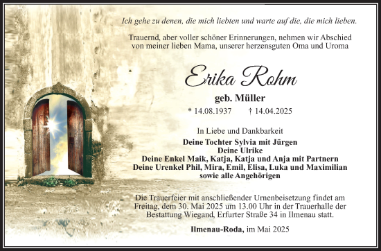 Traueranzeige von Erika Rohm von Südthüringer Presse