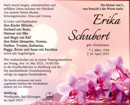Traueranzeige von Erika Schubert von Südthüringer Presse