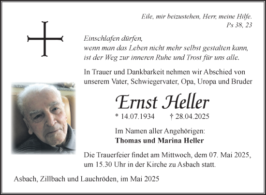 Traueranzeige von Ernst Heller von Südthüringer Presse
