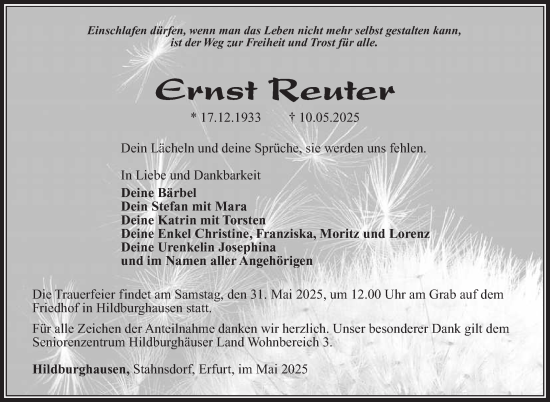 Traueranzeige von Ernst Reuter von Südthüringer Presse