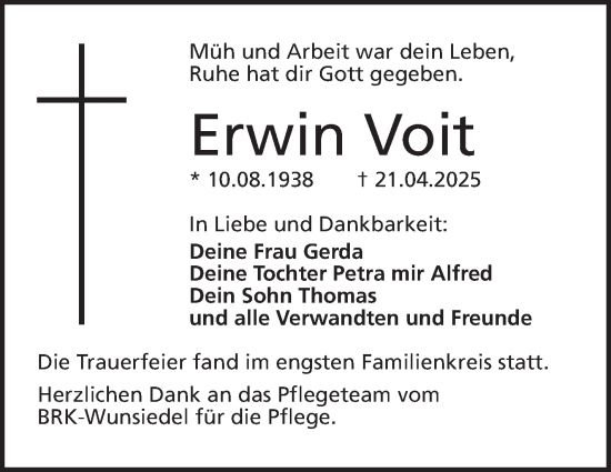 Traueranzeige von Erwin Voit von Frankenpost
