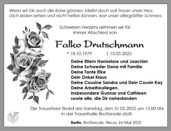 Traueranzeige von Falko Drutschmann von Südthüringer Presse