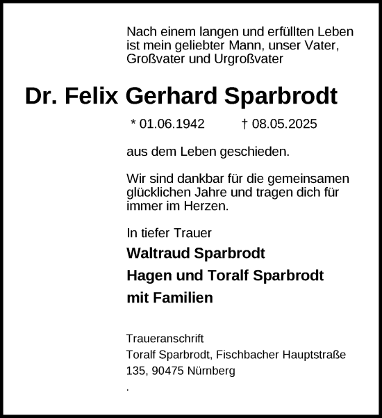 Traueranzeige von Felix Gerhard Sparbrodt von Südthüringer Presse