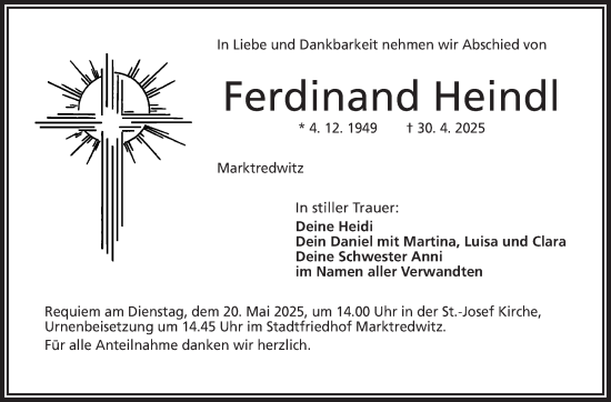 Traueranzeige von Ferdinand Heindl von Frankenpost