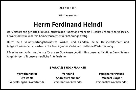 Traueranzeige von Ferdinand Heindl von Frankenpost